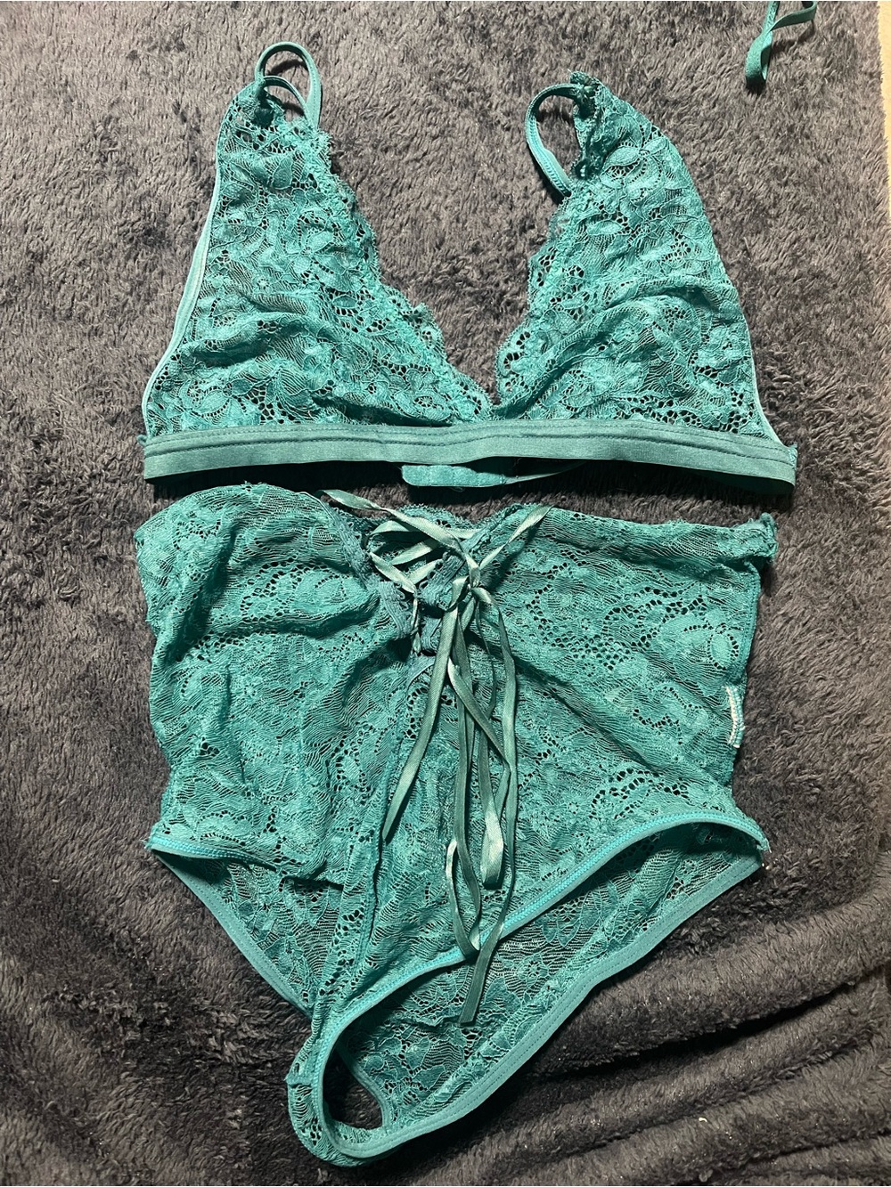 Lace Bralette & High-Waist Brief Set in Teal Green